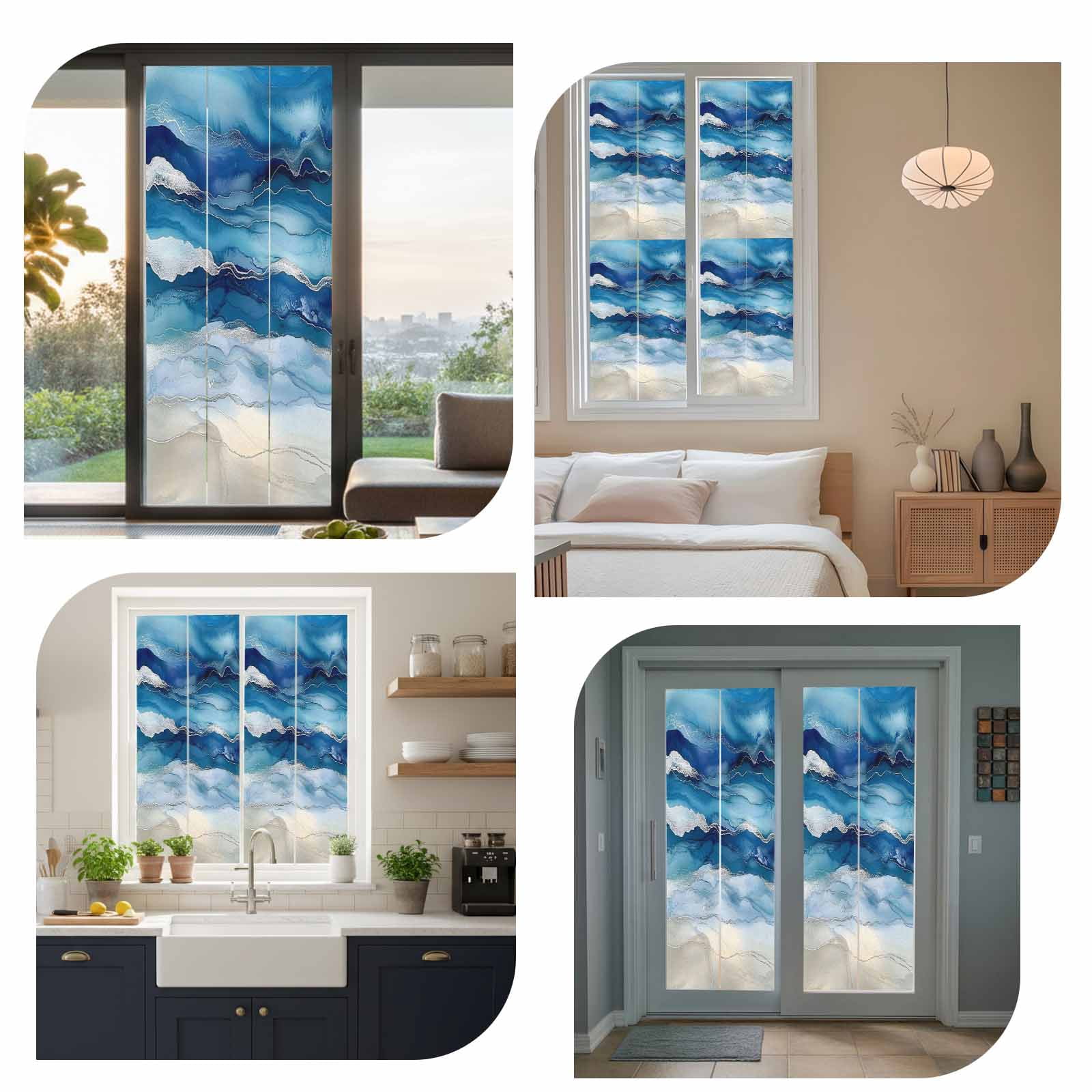 Ocean Waves Window Privacy Film, Gradient Blue White Marble Waves Frosted Glass Window Clings Static Cling UV Heat Blocking Reusable Door Sticker for Bathroom 23.6 x 59 Inch
