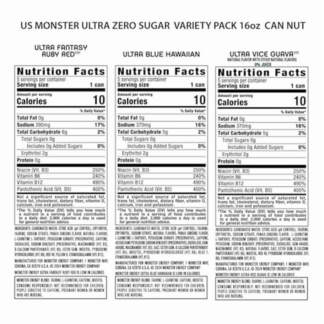 Monster Energy Ultra Variety Pack, 16 ounce(Pack of 2) Blue Hawaiian, Vice Guava