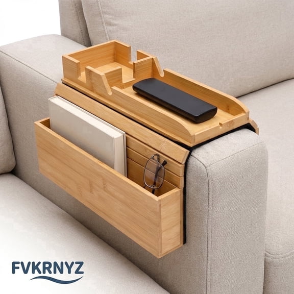 FVKRNYZ Bamboo Couch Arm Tray for Sofa Armrest, Folding Couch Cup Holder Tray Enhanced Non-Slip Felt Bottom Fits Armrests 4.3" and Wider