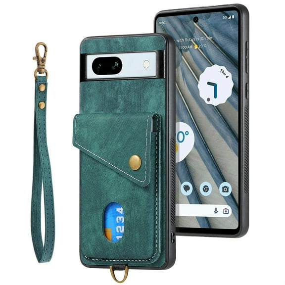 SaniMore Case for Google Pixel 7A 6.1" 2023, [Flip Card Slot Design Kickstand] Removeable Wrist Strap Magnetic Car Mount Wear-resistant PU Leather Skin Shockproof Anti-drop Shell, Green
