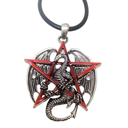 Pewter Star Charm - Gothic Red Pentagram Star Dragon Pewter Pendant Necklace Jewelry Accessory