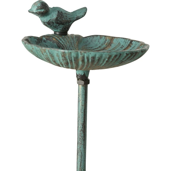 WHW Scallop Shell Garden Stake, Bird Feeder, Cast Iron, Bronze, Rustic Green Patina, 38.5 inches
