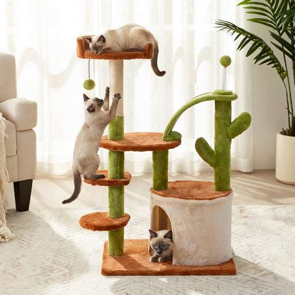 Heynemo 36.6" Cactus Cat Tree Tower with Scratching Posts, 6-Tier Cat Condo for Kittens Medium Cats