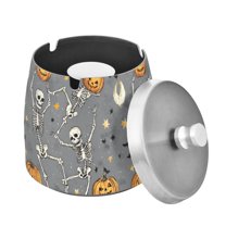 Yayeee Ashtray with Lid for Cigarette Smokeless Stainless Steel Home Ash Holder, Gray Halloween Dancing