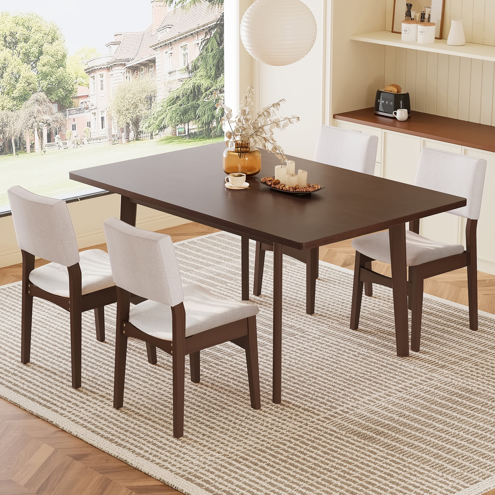 Euroco 5-Piece Mid Century Modern Dining Set for 4, Dining Room Table with 4 Upholstered Chairs and Solid Wood Frame for Kitchen/Dining Room, Dark Walnut