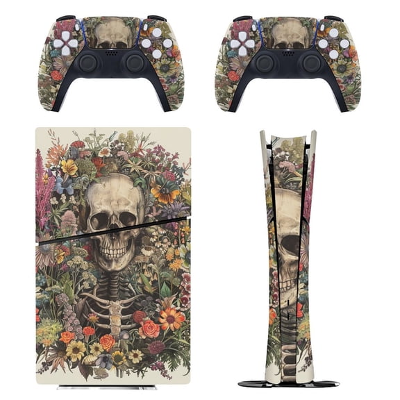 Skin Sticker for PS5 Slim Standard PS5 Pro Disc Digital Edition Console and Controllers Decals for Playstation 5 (Skull Flowers Illustration,PS5 Pro Disc Edition)