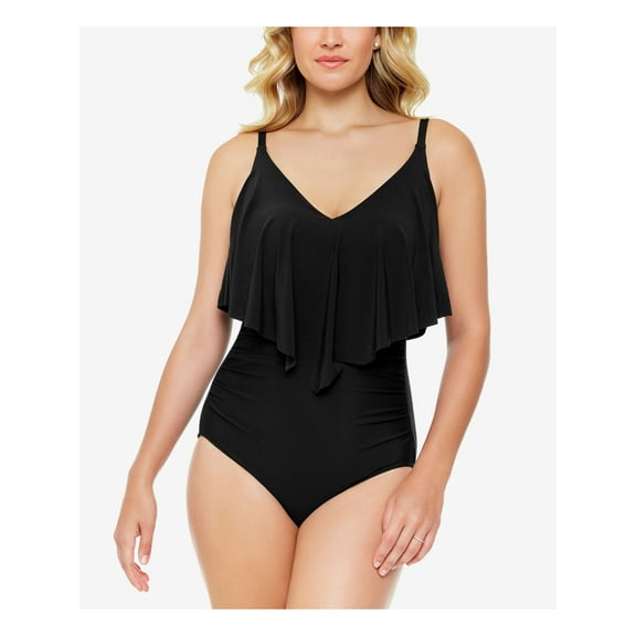 SWIM SOLUTIONS Women's Black Stretch Tummy Control Ruffled Adjustable Molded Cup One Piece Swimsuit 16