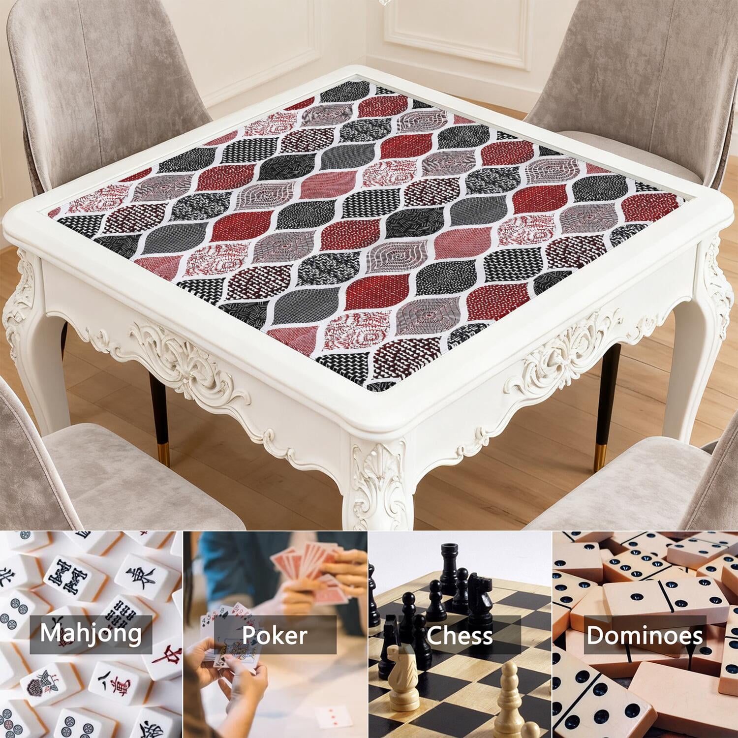 Large Square Boho Anti-Slip Mahjong Mat 31.5x31.5 Inch Rubber Table Topper with Noise Dampening for Chinese Tiles Card Games and Game Room Activities