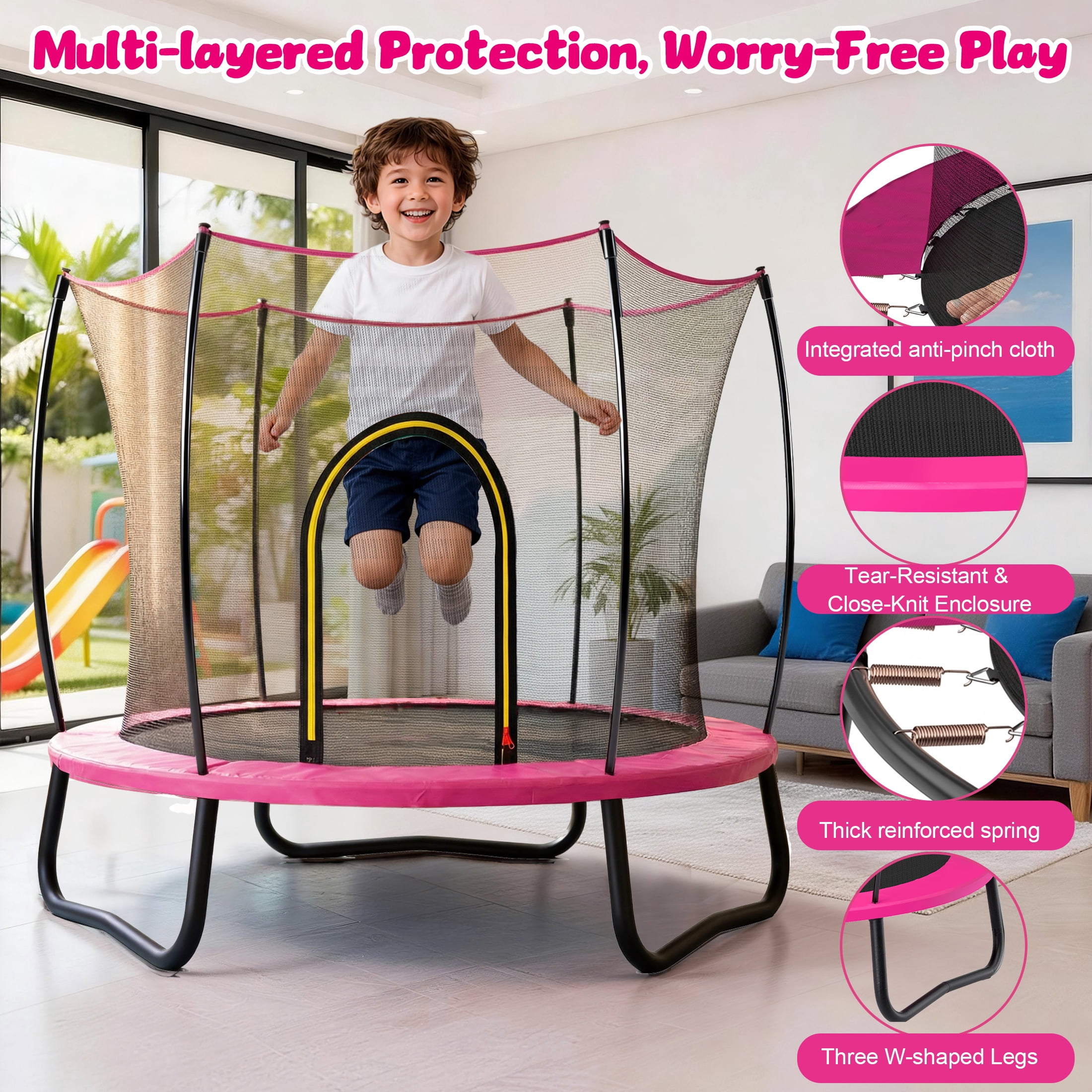 4.5FT Trampoline with Safety Enclosure for Kids, SEGMART Toddler Trampoline with Basketball Hoop, Kids Trampoline with Jumping Mat, Mini Trampoline, Indoor Trampoline, Gifts for Boys Girls, 110LBS