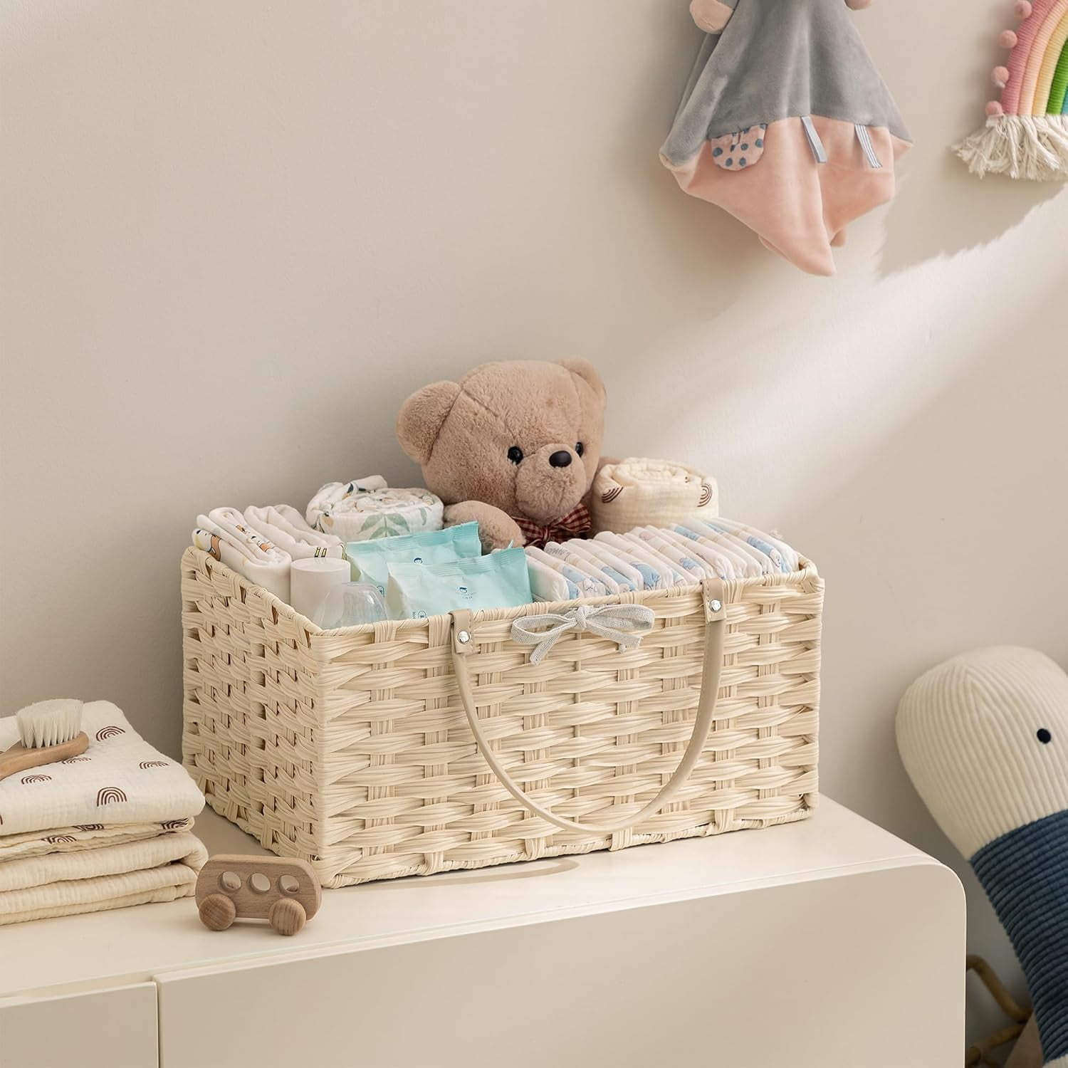 Large Diaper Caddy Organizer, Washable Waterproof, Portable Plastic Wicker Woven Basket with Divider, Nursery Diaper Station, Baby Shower Gifts Basket & Car Organizer