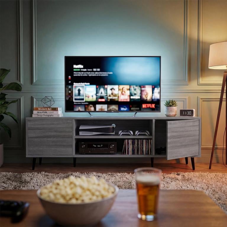 Vineego TV Stand for 65 Inch TV with 2 Push-to-Open Doors, Mid-Century Modern Media Console with Open Shelves, Entertainment Center for Living Room Bedroom, Gray