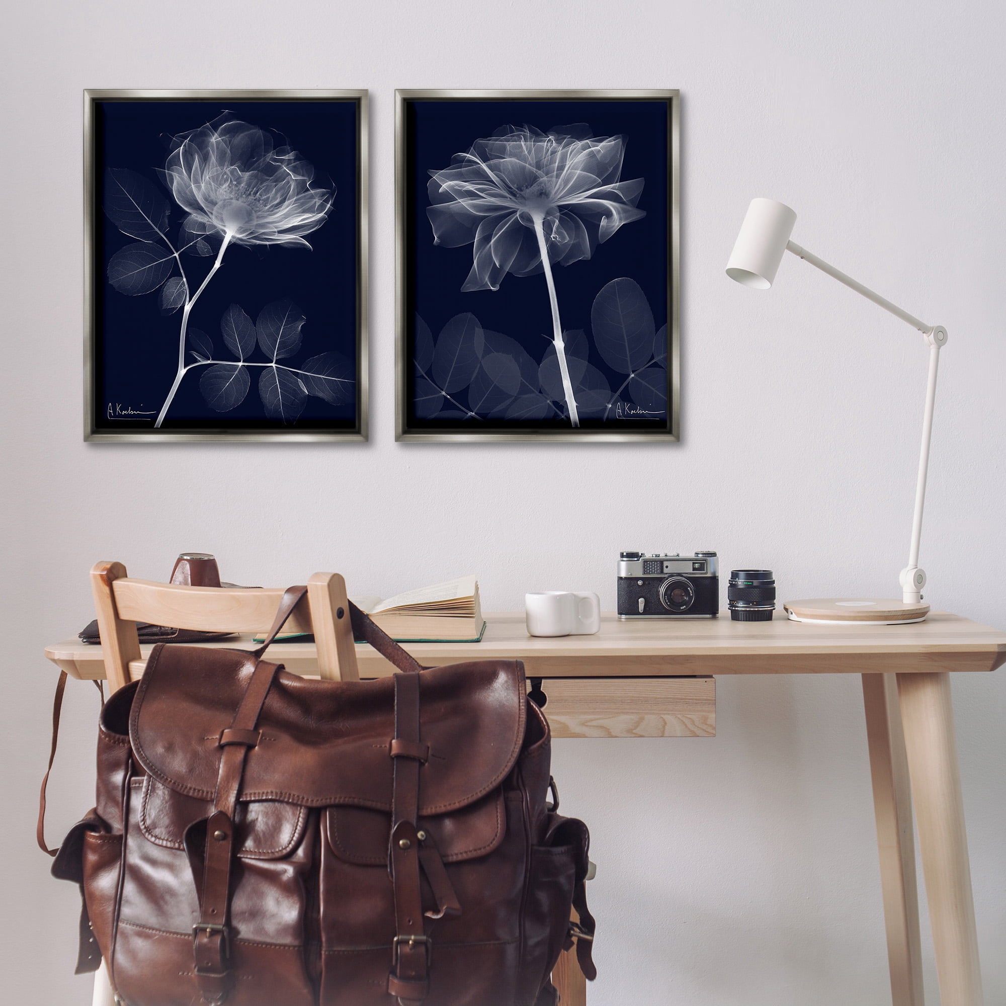 Stupell Industries X-Ray Blossom on Black Botanical & Floral Photography Gray Floater Framed Canvas Art Print Wall Art, 25 x 31, Set of 2