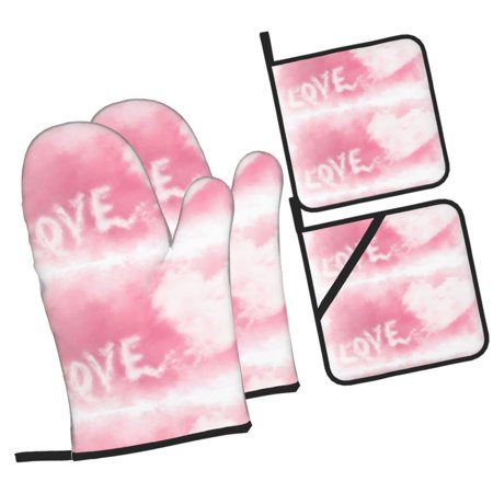 Pink Romantic Love Oven Mitts and Pot Holders Sets Baking Sets for Kitchen BBQ Gloves Heat Resistant Cooking Watercolor 4 Pieces