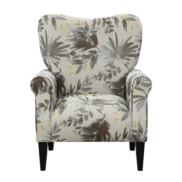 Wallace & Bay Kelley Gray Floral Accent Chair with Button Tufting And Roll Arms