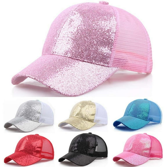 Women's Ponytail Baseball Cap with Sequined Design Messy Bun Opening Sun Protection Hat