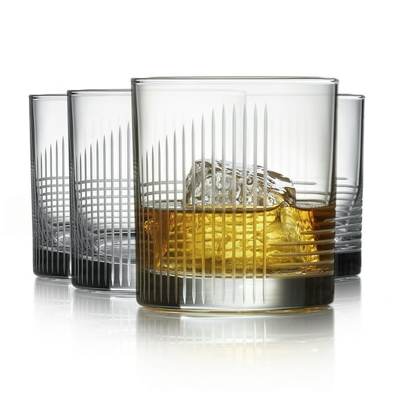 Libbey Cut Cocktails Rocks Glasses Set, Clean, Linear Glassware Drinking Glasses Set of 4, Dishwasher Safe Glasses for Weddings, Birthdays, and More