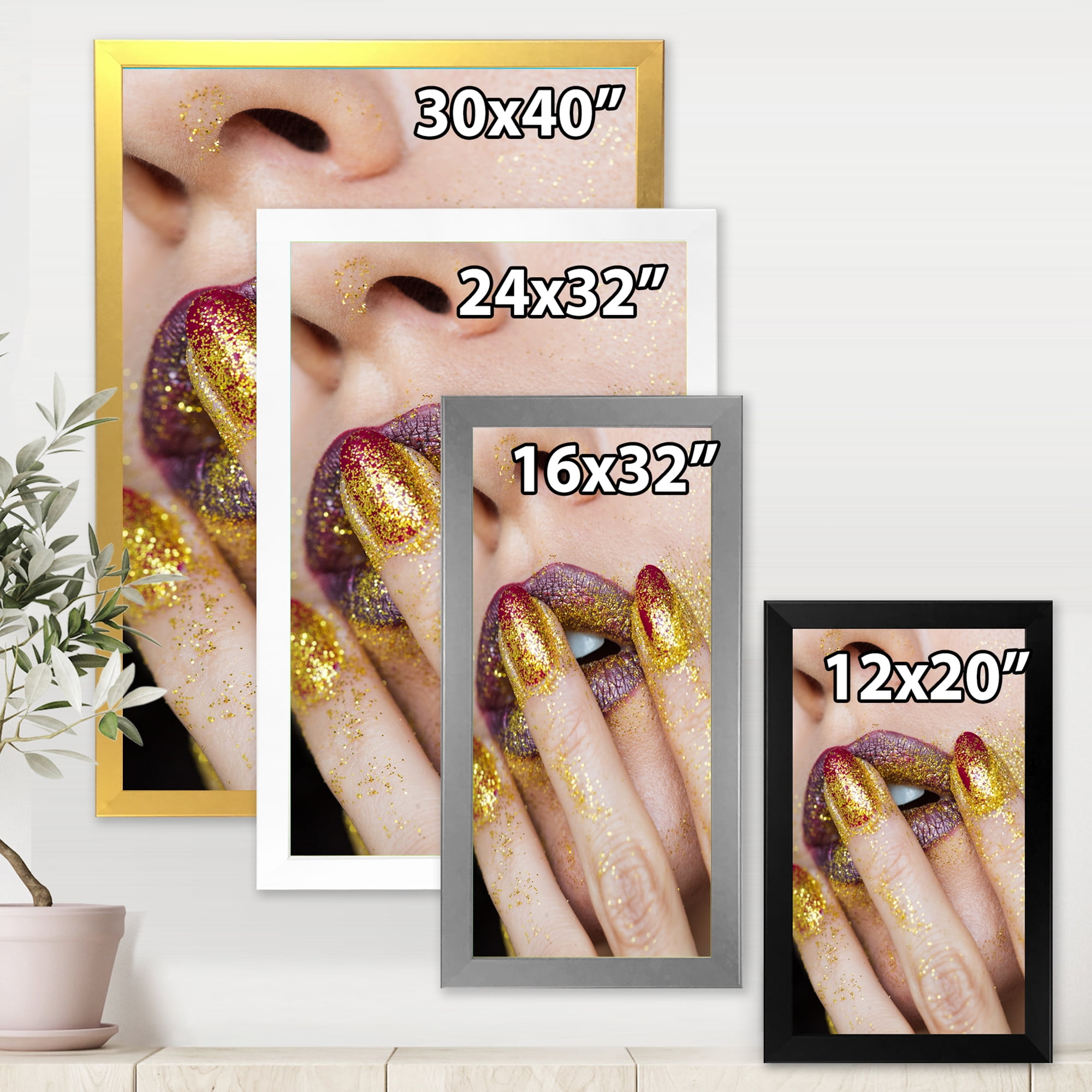 Designart 'Close-Up Of Woman Golden Gold Glitter Lipstick' Modern Framed Art Print