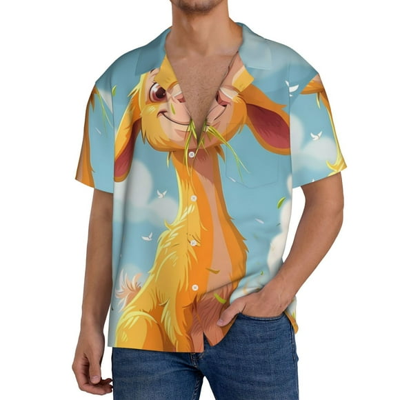 Balery Happy Goat In Meadow Camisa Casual de Manga Corta con Botones para Hombre, Texturizada, Estilo Cubano, para Playa, Verano-Medium