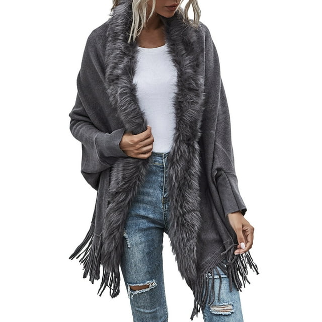 GDREDA Womens Solid Color Collar Cloak Knitted Capes Shawl Tassel Open Front Cardigans Sweater Coat Workout Clothes