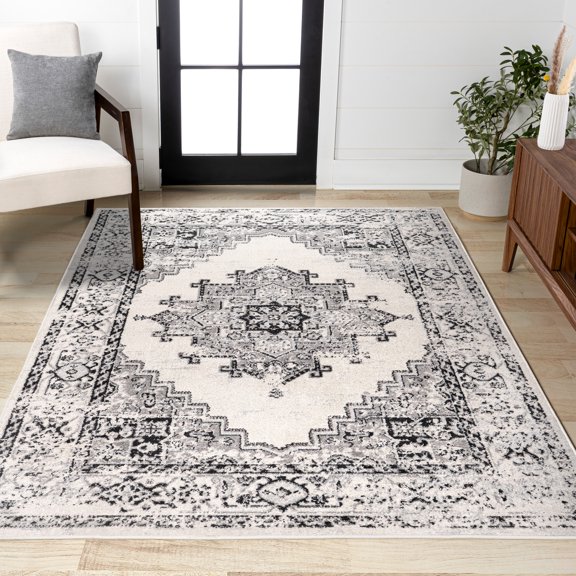 JONATHAN Y BOHEMIAN FLAIR 5 x 8 Area Rug, Inigo Cottage Medallion - Dark Gray/Cream, BMF107B-5