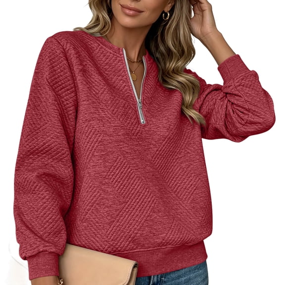 Nowekniz Womens Half Zip Up Quilted Sweatshirt Lightweight Stand Collar Long Sleeve Shirt Top Loose Trendy Textured Pullover Tops