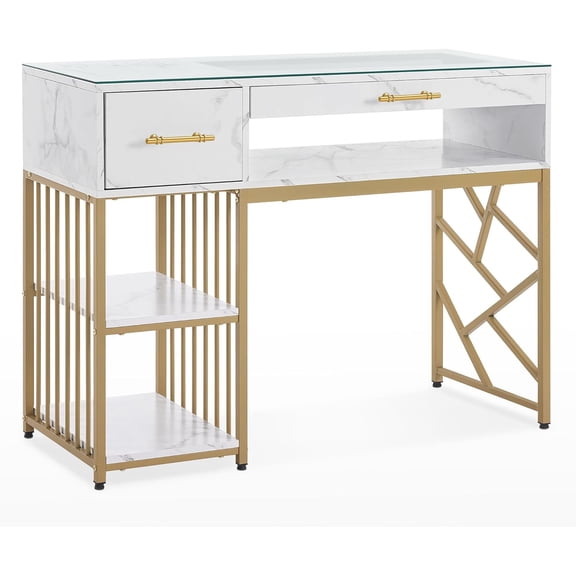 BarberPub Makeup Vanity Desk with Display Drawer, Storage Shelf, Nail Desk with Glass Top
