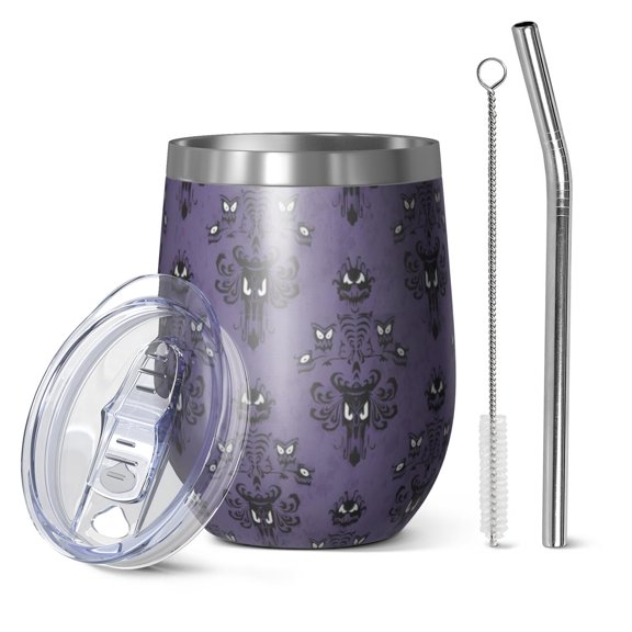 12oz Stemless Wine Tumblers Purple Gothic Bat Pattern Vacuum Insulated Stainless Steel Travel Tumbler Cups Mug with Lid and Straw for Champaign,Cocktail,Beer with Cleaning Brush
