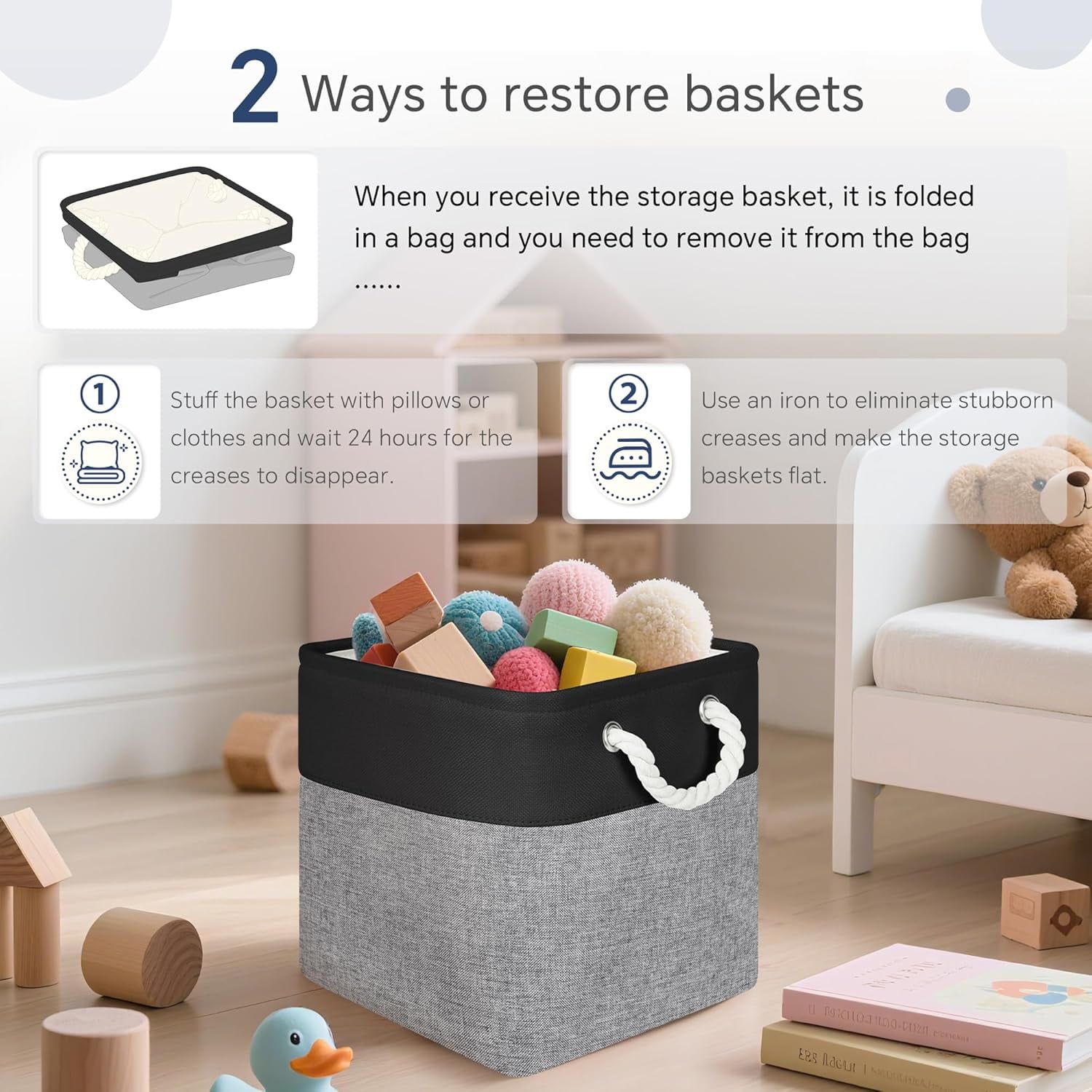 ThrottleT-Fabric Cubes Storage Basket, 6 Pack 11x11 in with Handles Foldable Cube Storage Bins, for Shelves, Home, Office Organizers (Black/ Gray)