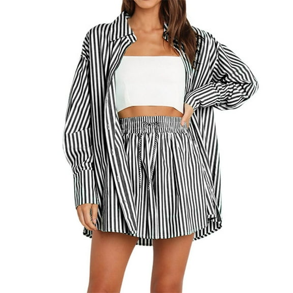 Summer Shorts Sets Temperament Casual Long Sleeve Striped Button Down Shirts Lace Up Shorts Set Summer Outfits For Women Black L