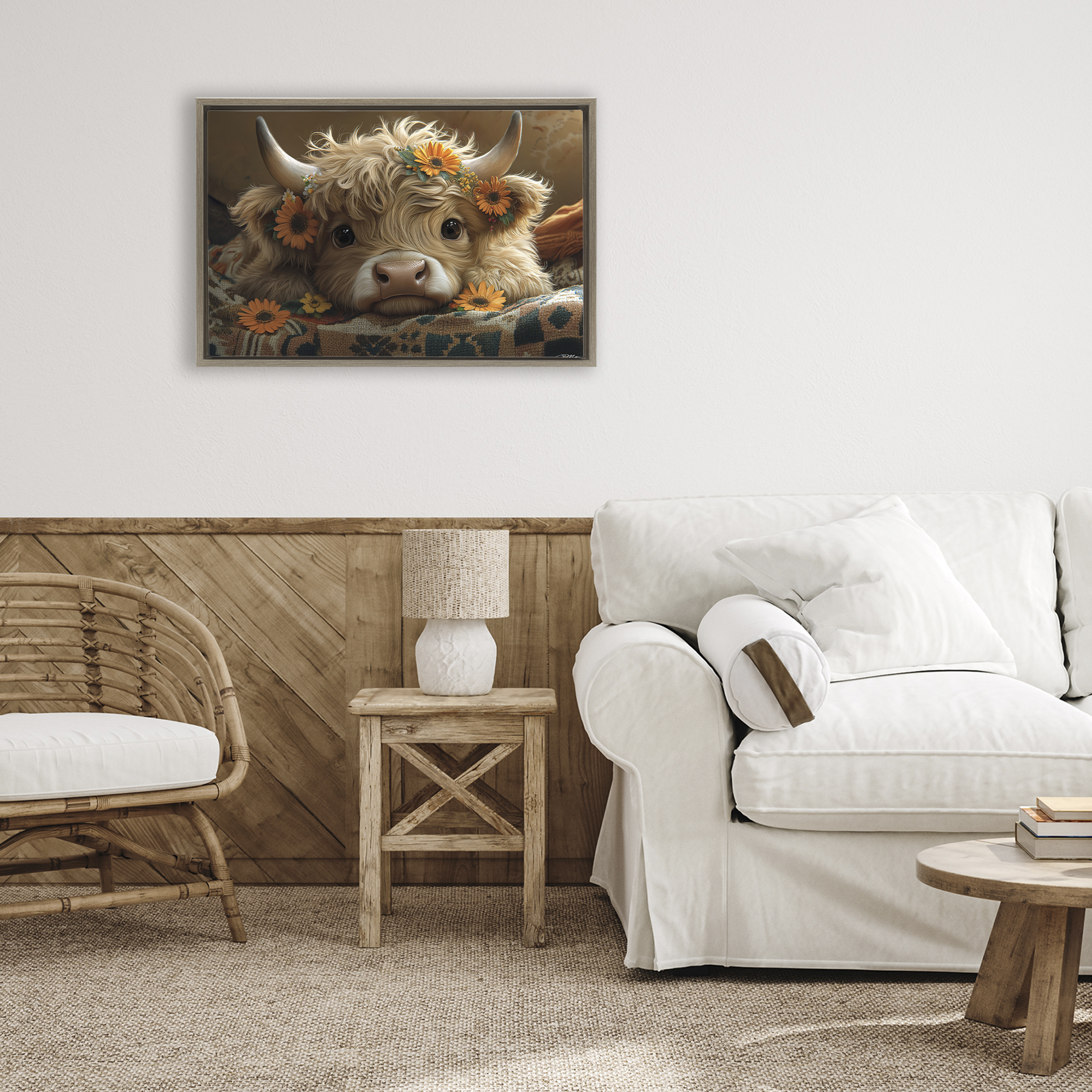 Adorable Flower Bedecked Cattle Brown Framed Floater Canvas Wall Art, design by Momart