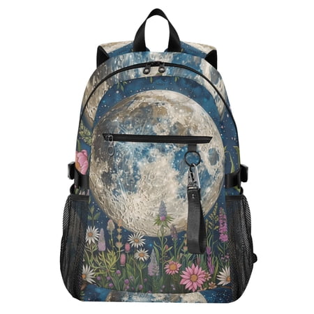 JIALIOU 14 Laptop Backpack Waterproof Airline Approved Stylish Casual Daypack for Travel Business College Work Wildflowers and Trees Surrounded Full Moon