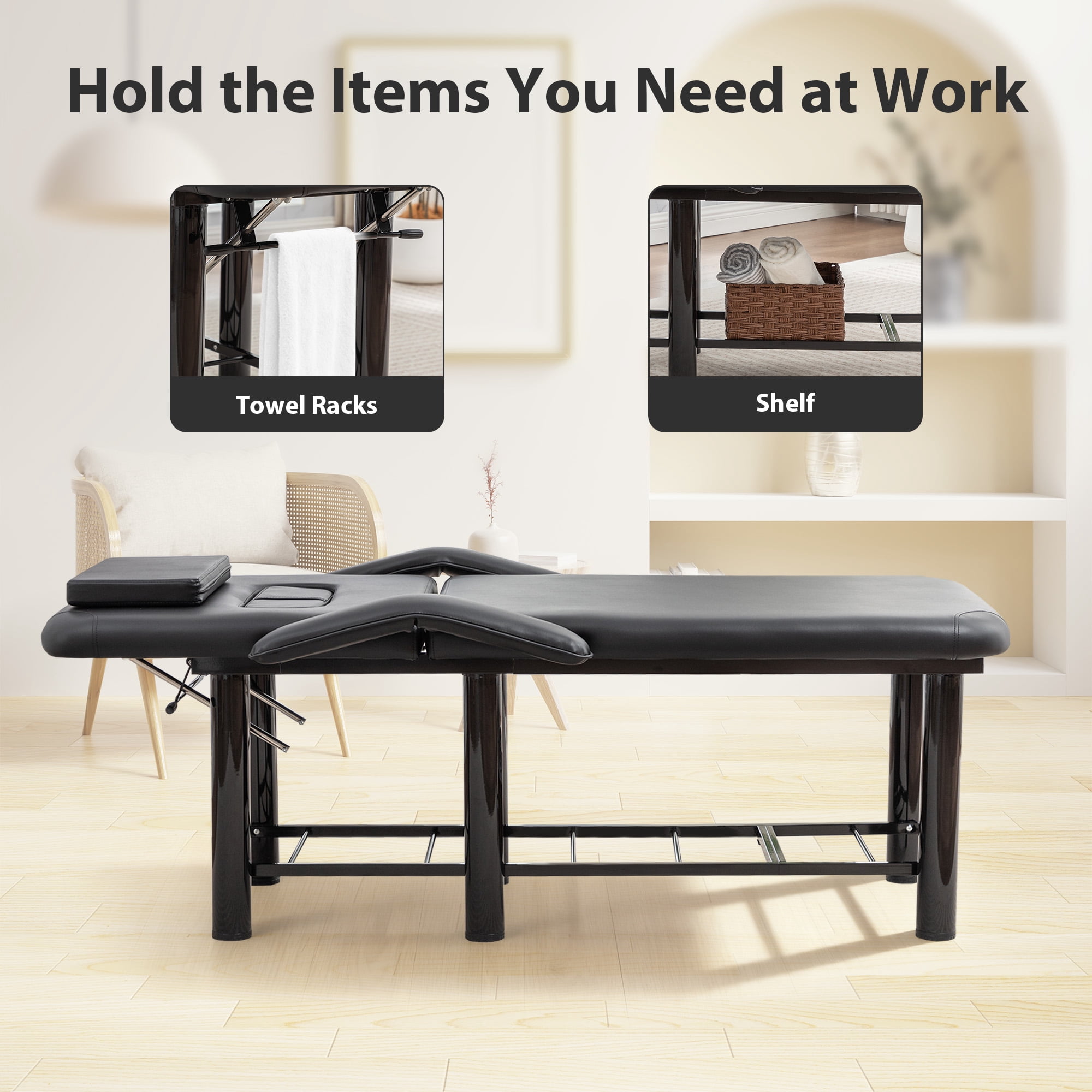 Miniyam 73.7" x 26.8" x 25.6" Professional Beauty Bed – Removable Headrest & Breast Cushions, Armrests, Storage Shelf – for Massage, Facial, Tattoo, Spa – Black