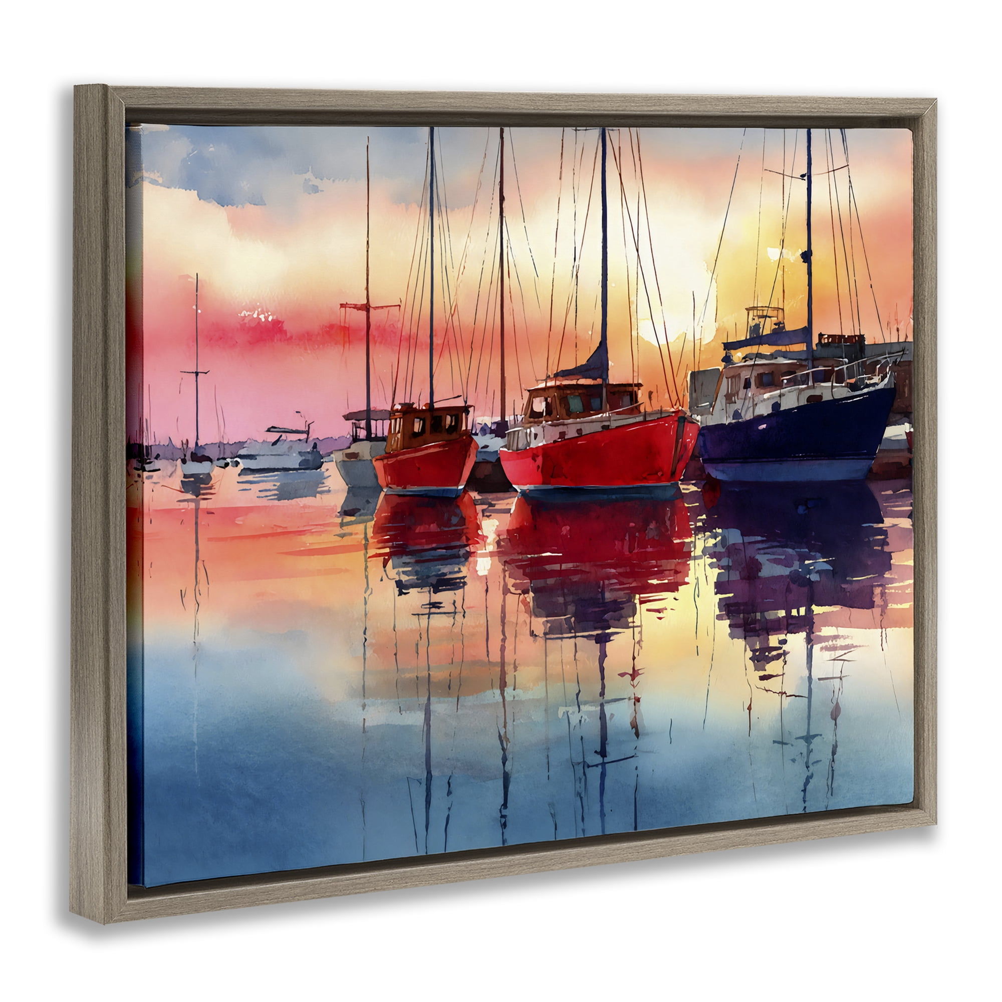Stupell Industries Red & Blue Boats at Sunset Brown Framed Floater Canvas Wall Art, design by Franklyn Gregory