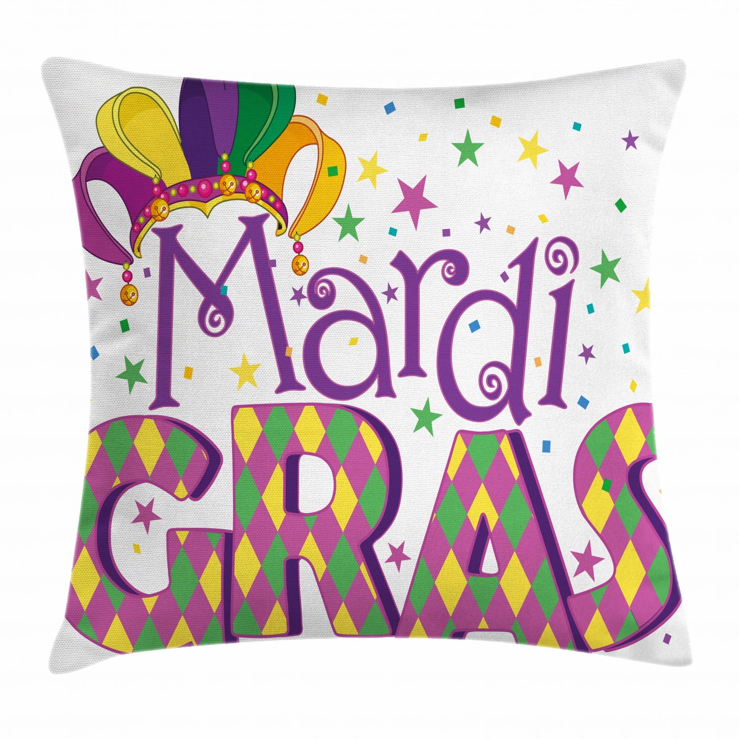 Mardi Gras Throw Pillow Cushion Cover, Joyous Composition with Stylized Lettering Stars Confetti