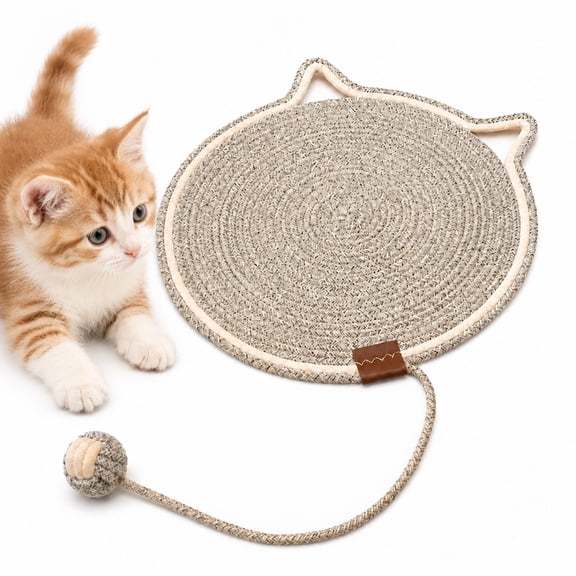 Cat Scratching Mat, 1 Piece Natural Cotton Rope Cat Scratch Mat, 15.7'' Round Cat Scratcher with Ball, Scratch Pad for Cats, Furniture Protector for Wall Couch Carpets, Cat Rope Pad (Beige)