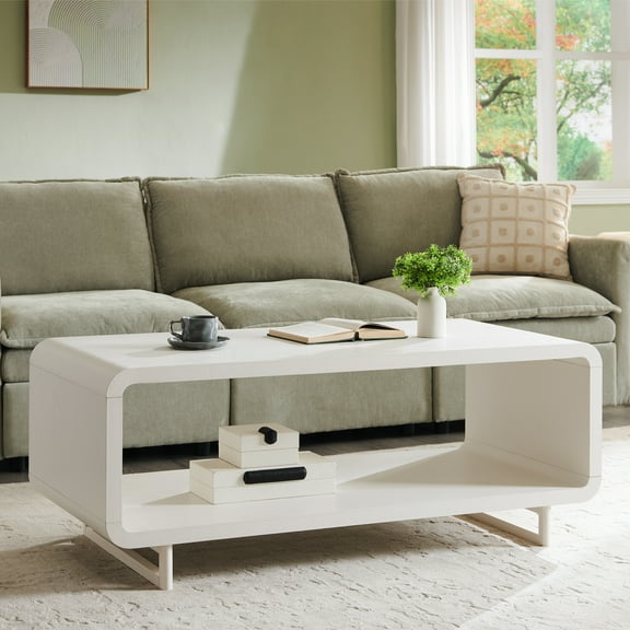 SinCiDo Modern Coffee Table with Storage Shelf, 2-Tier Wooden Rectangular Minimalist Center Table, Curved Profile Design for Living Room, Office, White