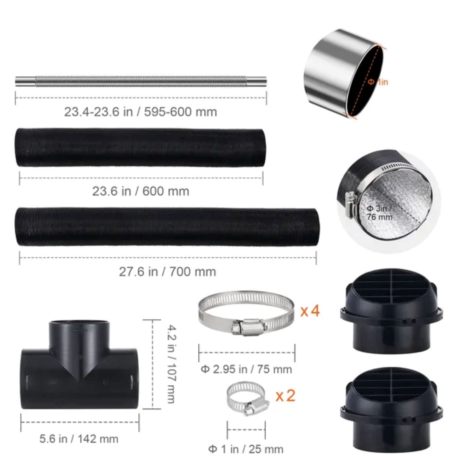 Diesel Heater Pipe Ducting Set, 3" Extendable Air Duct Hose, 1" Stainless Steel Exhaust Pipe, 2 Air Vents, Tee Air Outlet Connector and Hose Clamps, for 5KW/8KW Diesel Parking Heaters