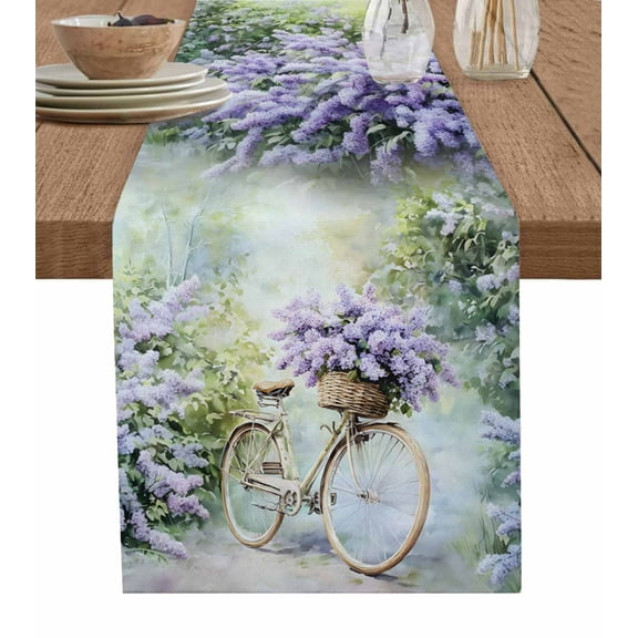 Purple Lavender Table Runner Cotton Linen 36 Inch Holiday Dresser Scarves, Green Leaves Spring Bike Botanical Tablerunner for Kitchen Coffee Dining Bedroom Living Room Dinner Scarf Décor 13''x36''