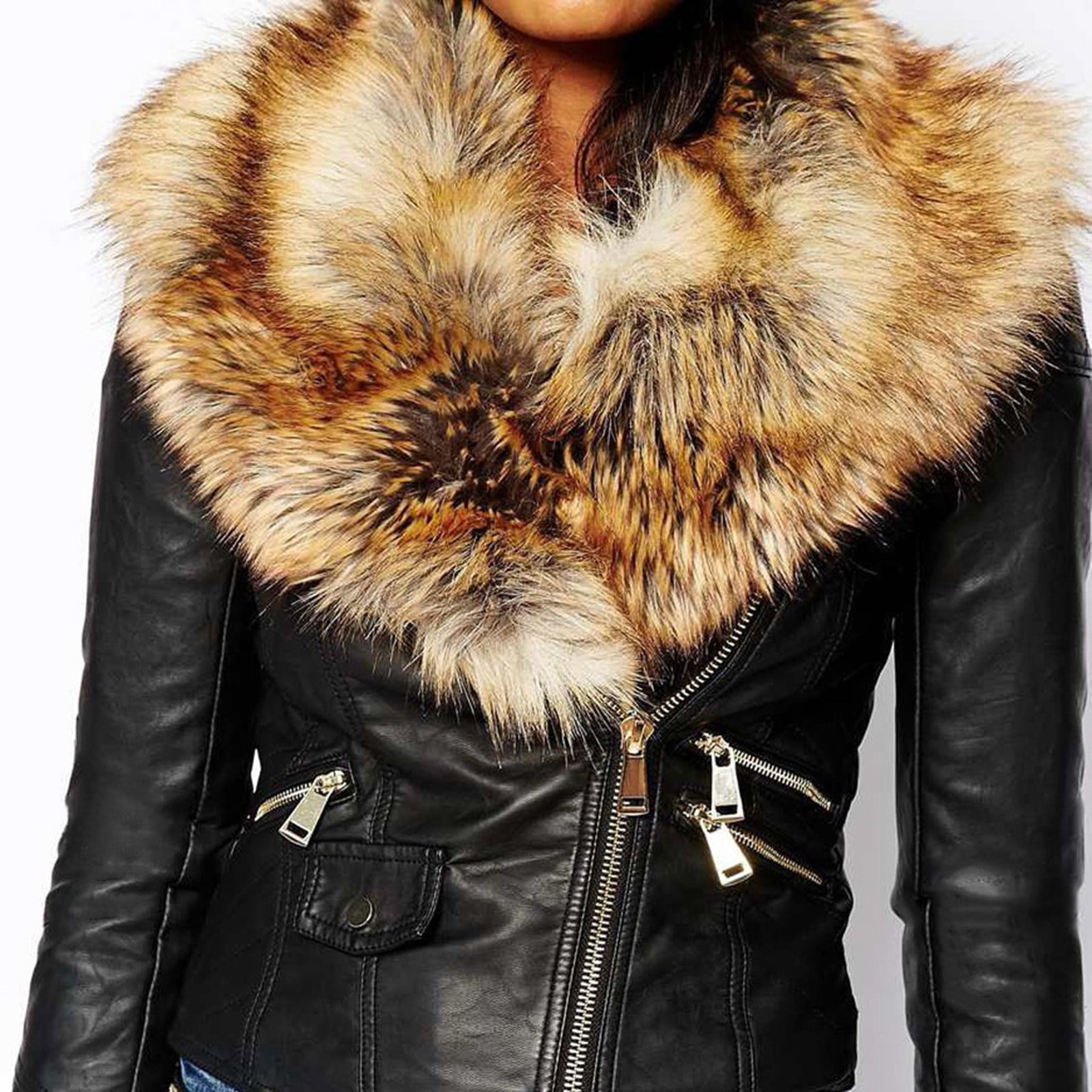 定番人気！ Women Cropped Faux Leather Jacket with Faxu Fur Collar Long ジャケット・アウター