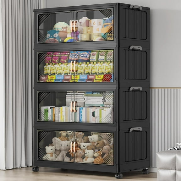 Broview 140Gal Plastic Stackable Storage Bins with Lid, 560QT Extra Large Containers With Drawers, Folding Closets with 4x Wheels, Collapsible Cabinets Organizers for Home Office, 4Pack Black, V60