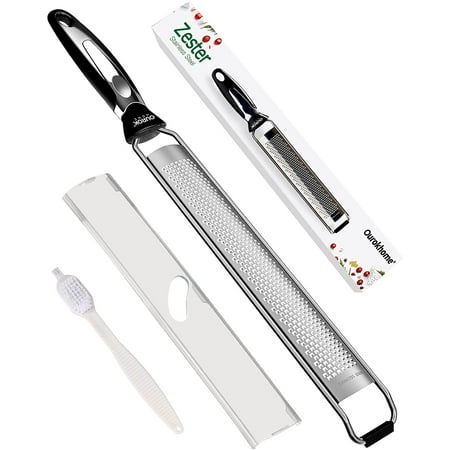 

HYKE Kitchen on Zester Stainless Steel Hand Held Parmesan Cheese Grater for Ginger Chocolate Coconut Lime Nutmeg Citrus Fruit Vegetable with Cleaning Brush Dishwasher safe Black