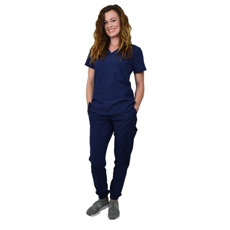 

Women s Jogger Scrub Set Medical Nursing GT 4FLEX Top and Pant Solid Colors and Prints-Navy/Indigo-Large Petite