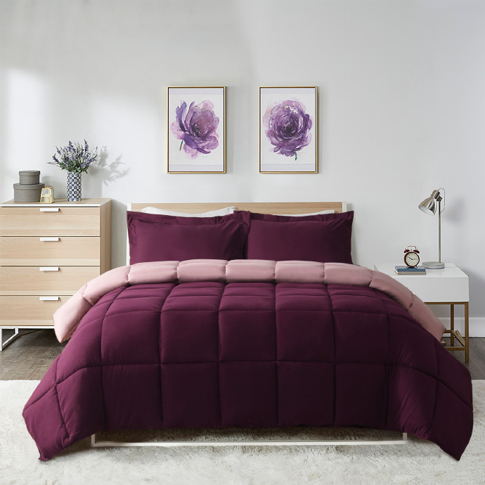 BednLinens 3 Piece Reversible Plum Down Alternative Comforter Set Queen