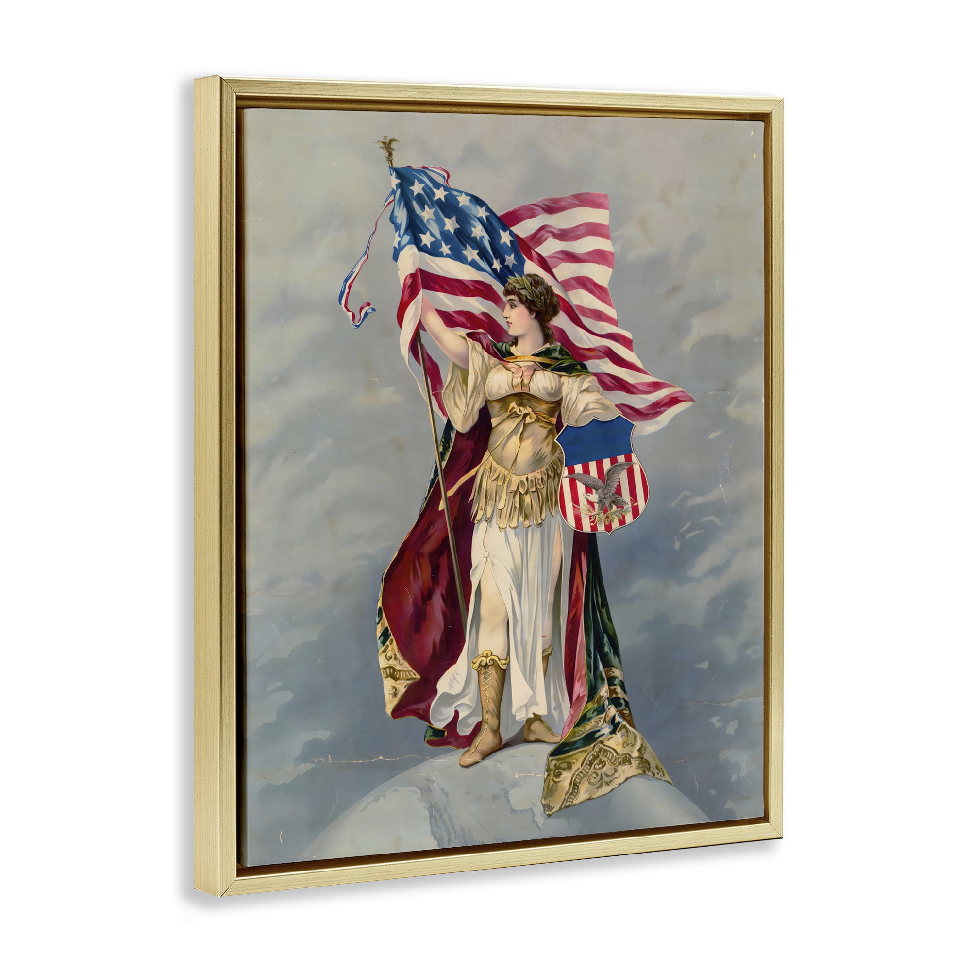 Stupell Industries Columbia Standing with American Flag Gold Framed Floater Canvas Wall Art, design by Arlington Prints