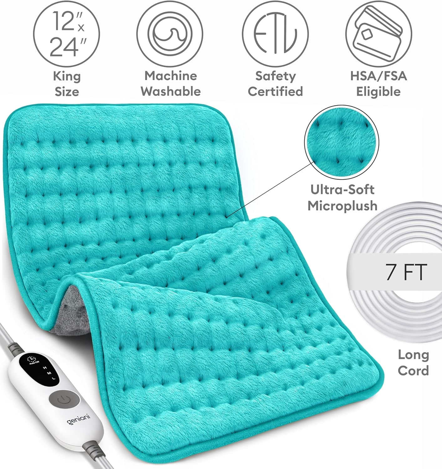 Geniani XL Double-Sided Electric Heating Pad for Back Pain Relief – Heat Pad with 6 Heat Settings, Auto Shut Off, Ultra-Soft Machine Washable Fabric for Everyday Comfort (12"×24", Viridian Green)