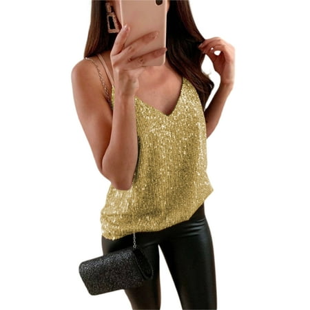 

Lajitongtong Women Sequin Camisole V-neck Sleeveless Backless Spaghetti Strap Cami Tops