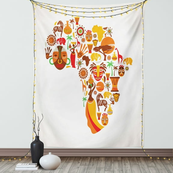 African Tapestry, African Map with Different Famous Icons Ethnic Masks and Savannah Style Artwork, Wall Hanging for Bedroom Living Room Dorm Decor, 60W X 80L Inches, Orange Brown, by Ambesonne