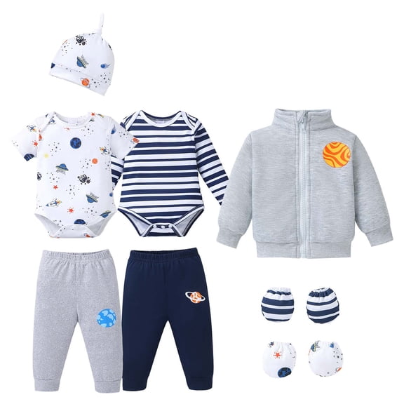 KIMI BEAR Newborn Baby Boy Layette Set 0-3 Months Winter Clothes 3 Packs Rompers Pants Coat with Hat Gloves Outfits Set Essentials Clothing Gray