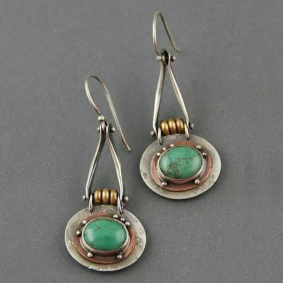 EOEMY Vintage 925 Silver Turquoise Hook Women Earrings Wedding Dangle Drop Jewelry-Round-Green