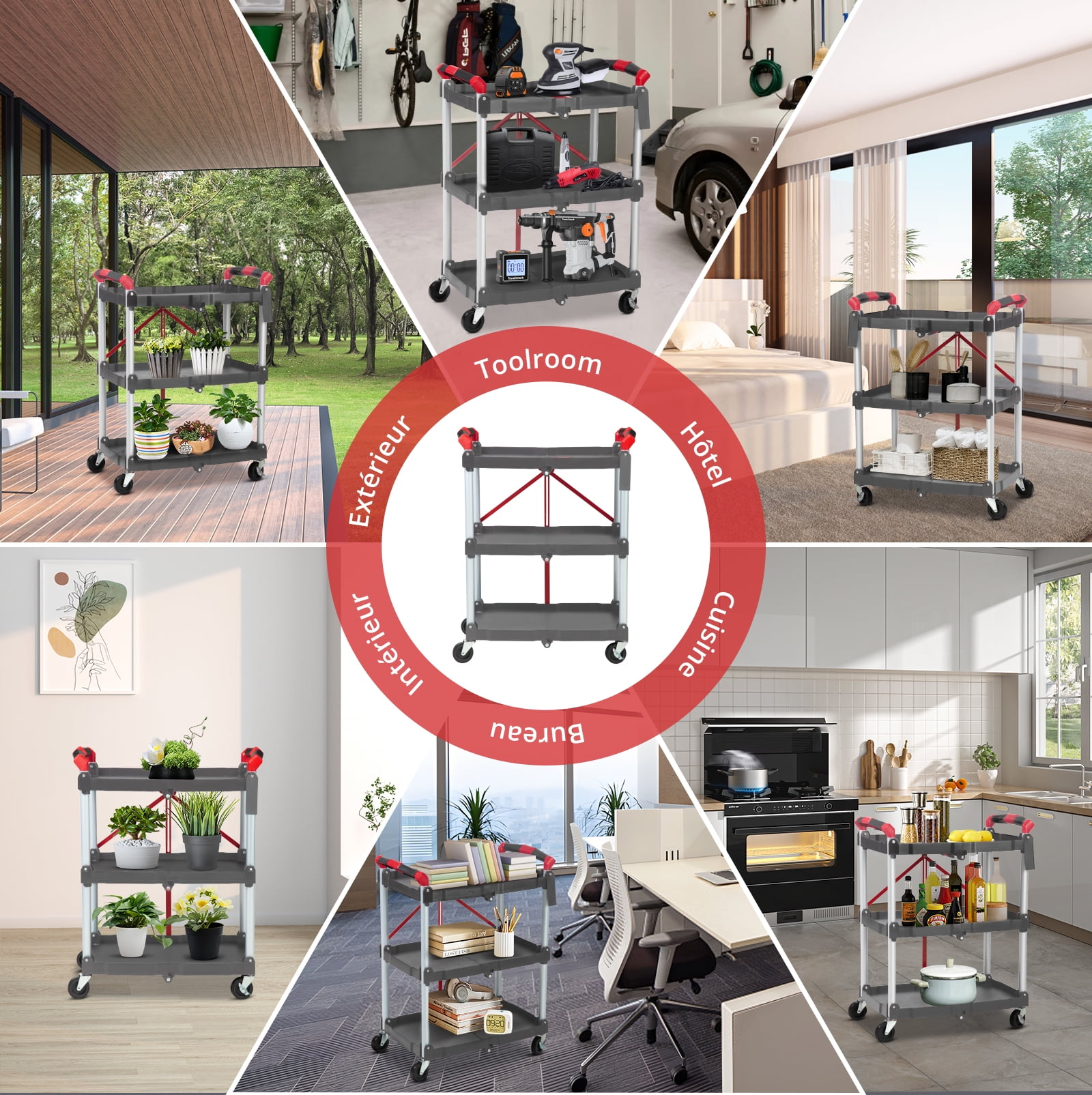 3-Tier Collapsible Service Cart with Locking Wheels, No Assembly Rolling Utility Wagon for Home, Office, Garage and Warehouse Storage & Transport